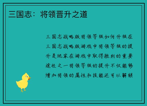 三国志：将领晋升之道